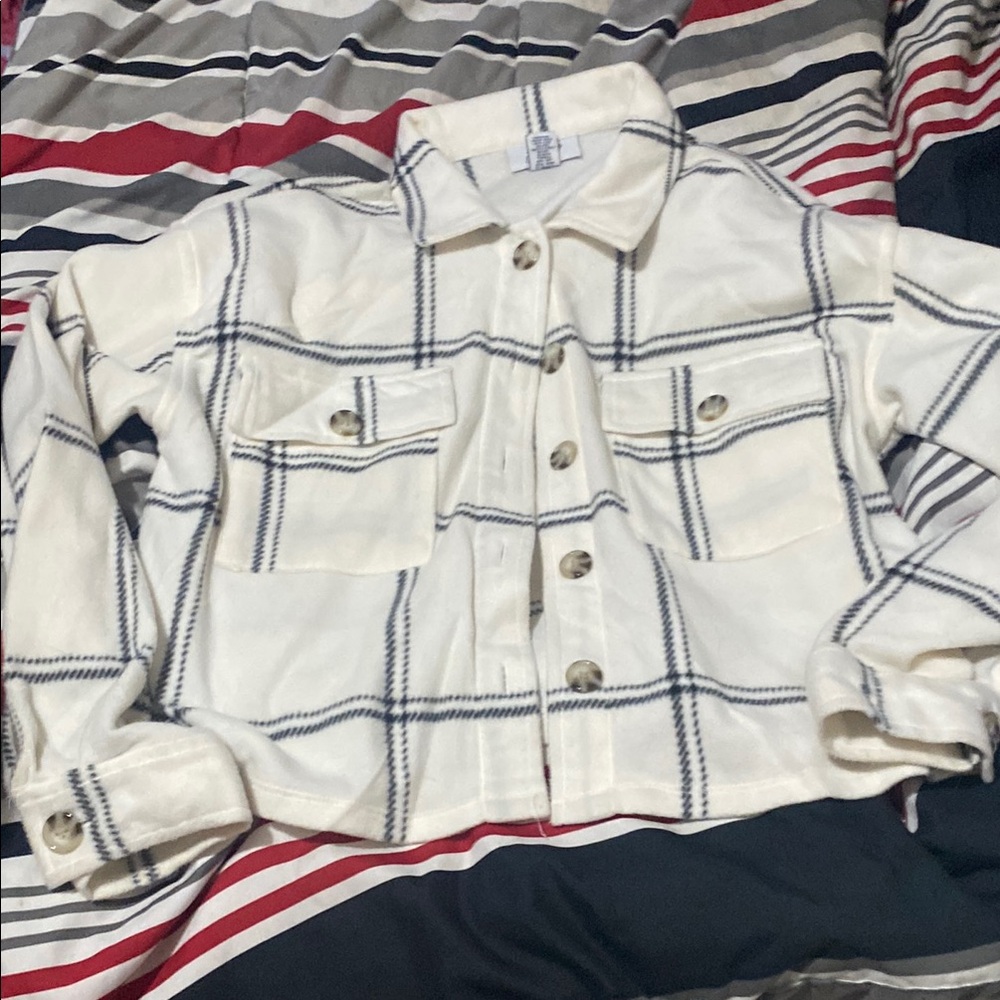 White and Black Plaid Button-Up Jacket
